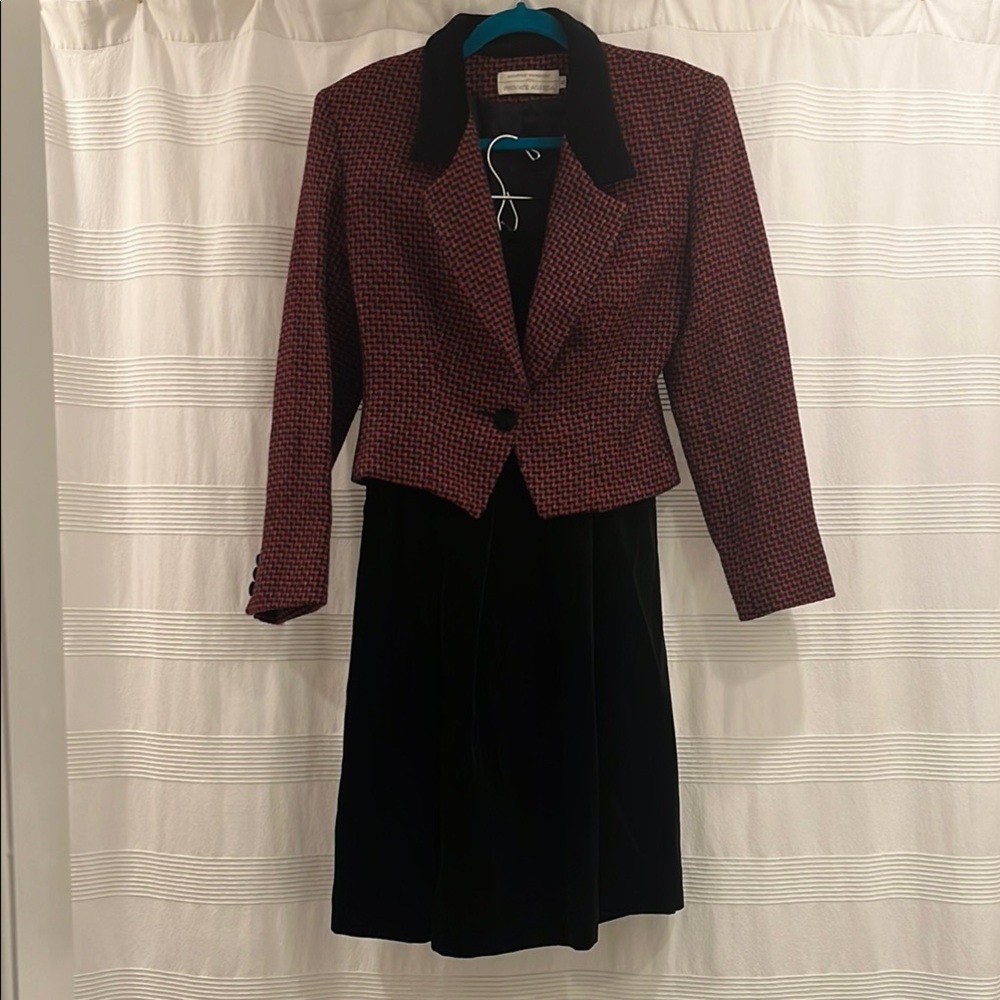 Geoffrey Alexander Red and Black Houndstooth Blazer & Velvet High Waisted Skirt